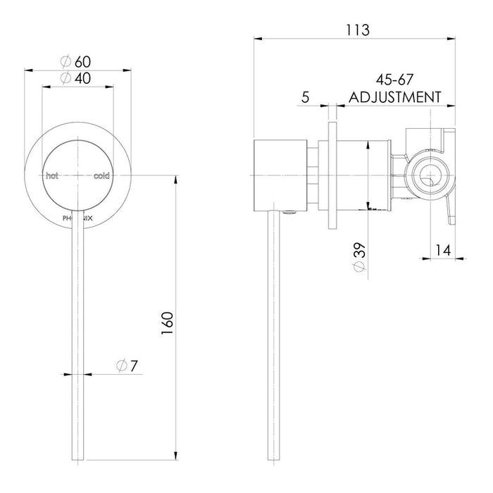 Phoenix Vivid Slimline Wall Mixer 60mm Backplate & Extended Lever - Brushed Nickel-114-2801-40-blue-leaf-bathware