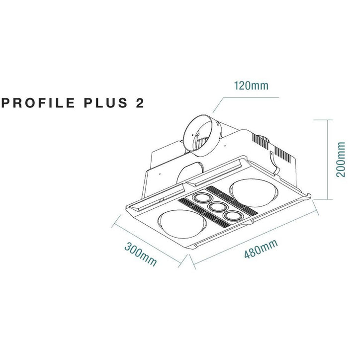 Martec Profile Plus DC 2  3-in-1 Bathroom Heater with 2 Heat Lamps, Exhaust Fan and GU10 LED Light - White - Dimensions & Features