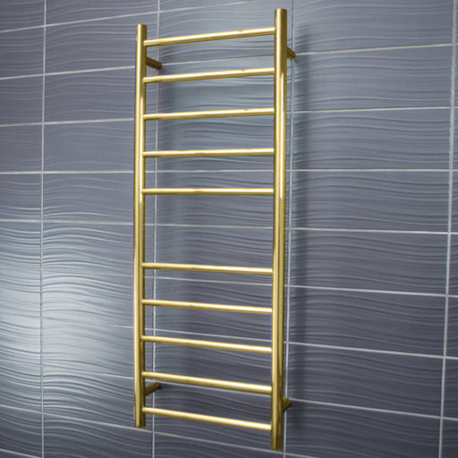 Radiant Heated Round Ladder 430 x 1100mm - Brushed Gold-blue-leaf-bathware