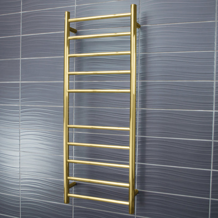 Radiant Heated Round Ladder 430 x 1100mm - Brushed Gold-blue-leaf-bathware