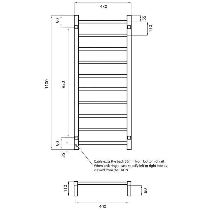 Radiant Heated Square Ladder 430 x 1100mm - Matt Black-blue-leaf-bathware