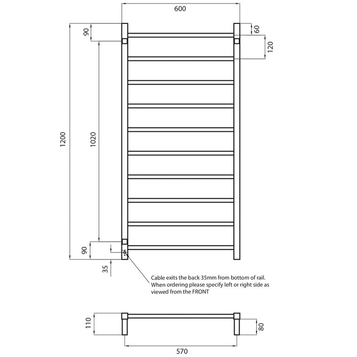 Radiant Heated Square Ladder 600 x 1200mm - Mirror Polished-blue-leaf-bathware