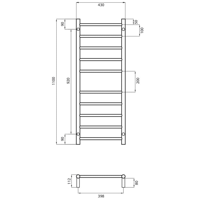 Radiant Non-Heated Round Ladder 430 x 1100mm - Matt Black-BLTR430-blue-leaf-bathware