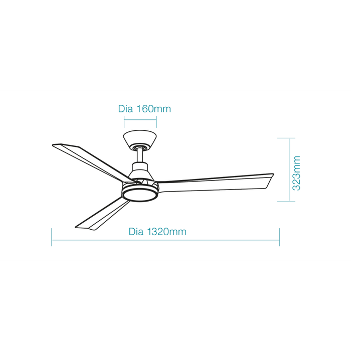 Martec Riviera DC 52″ Smart Ceiling Fan With WIFI Remote Control + LED light - Matt Black - Technical Drawing