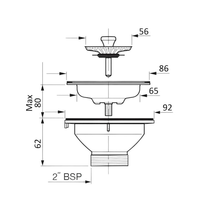 1901 Stainless Steel 65mm Basket Waste inc. 110mm Screw  50mm x 50mm