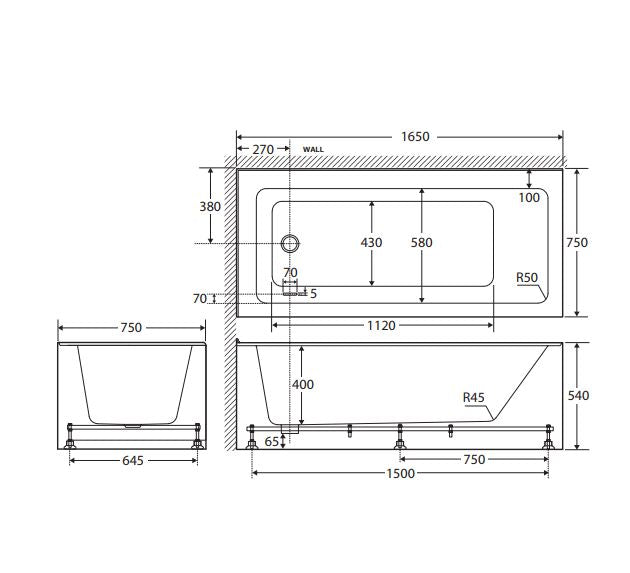 Fienza Sentor Right-Hand Acrylic Corner Bath with Overflow, 1650mm