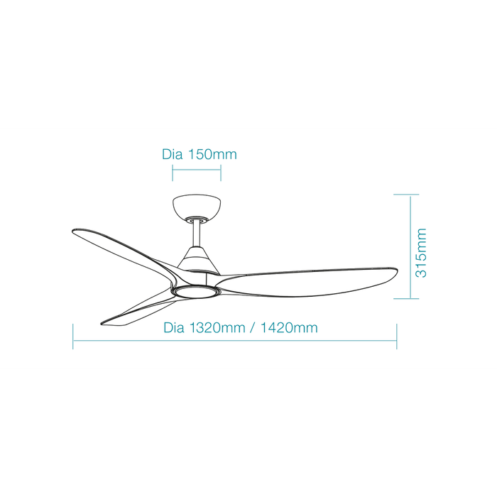 Martec Seaforth DC 52″ Smart Ceiling Fan With WIFI Remote Control + LED light - Matt White - Technical Drawing