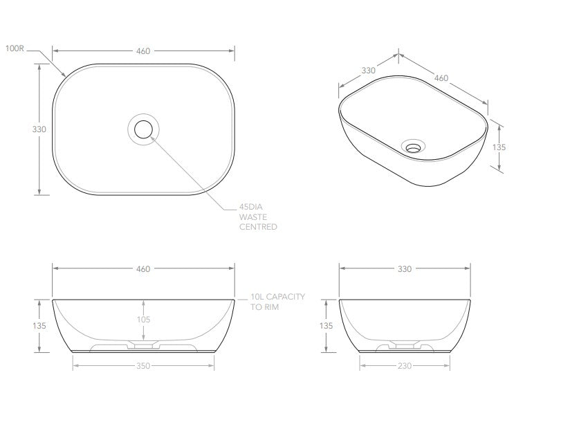 ADP Stadium 460 wide x 135 high x 330 deep Ceramic Above Counter Basin - White Gloss