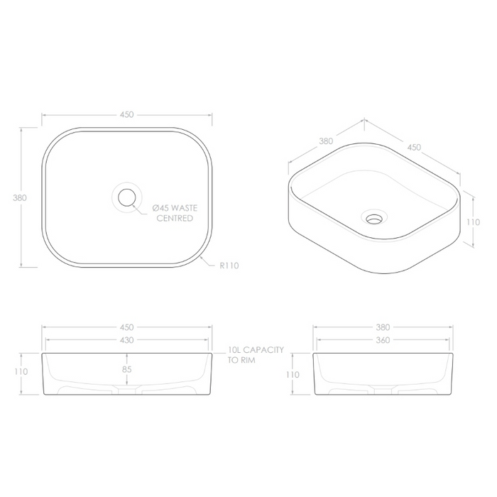 ADP Louie 450mm Ceramic Above Counter Basin - Matte White