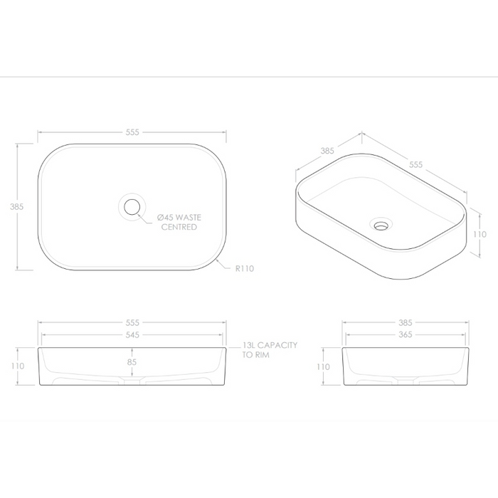ADP Max 550mm Ceramic Above Counter Basin - Matte White