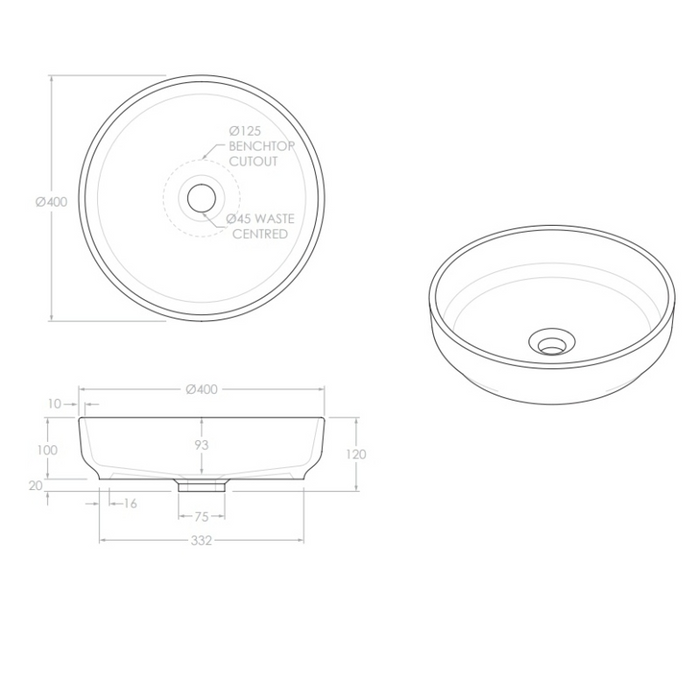 ADP Monroe 400mm Above Counter Basin - Matte Concrete