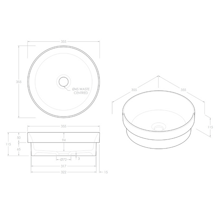 ADP Monica 355mm Ceramic Semi-Inset Basin - White