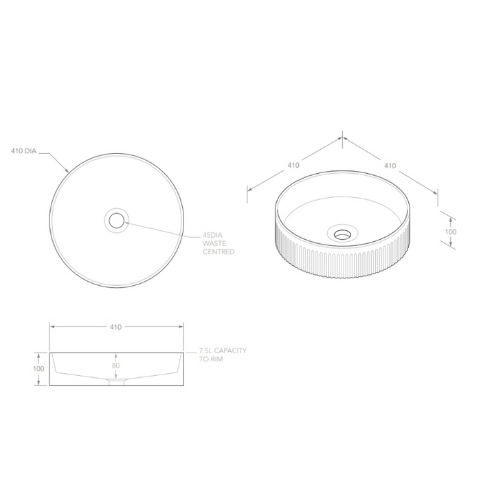 ADP Round Fluted Ceramic Above Counter Basin - Matte White