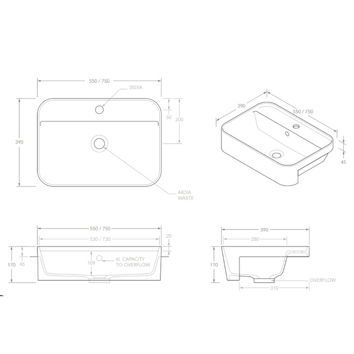 ADP Miya 750mm Semi-Recessed Basin - White