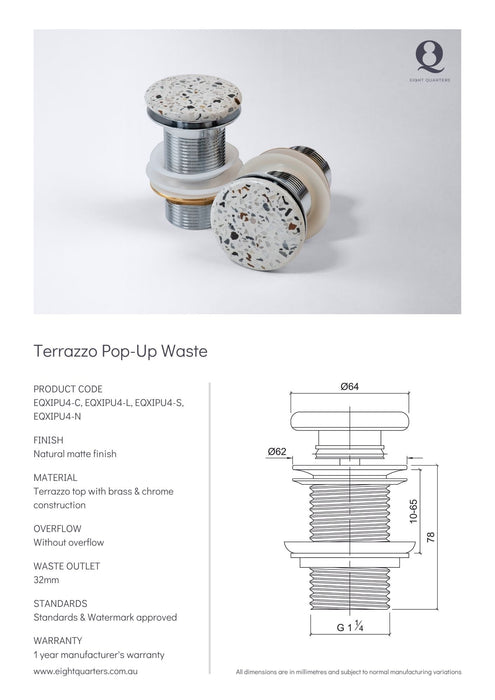 Eight Quarters Terrazzo Pop Up Waste Como Specifications