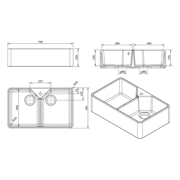 Turner Hastings Chester 800mm Double Flat Fireclay Butler Sink with Taphole and Overflow-7403-blue-leaf-bathware