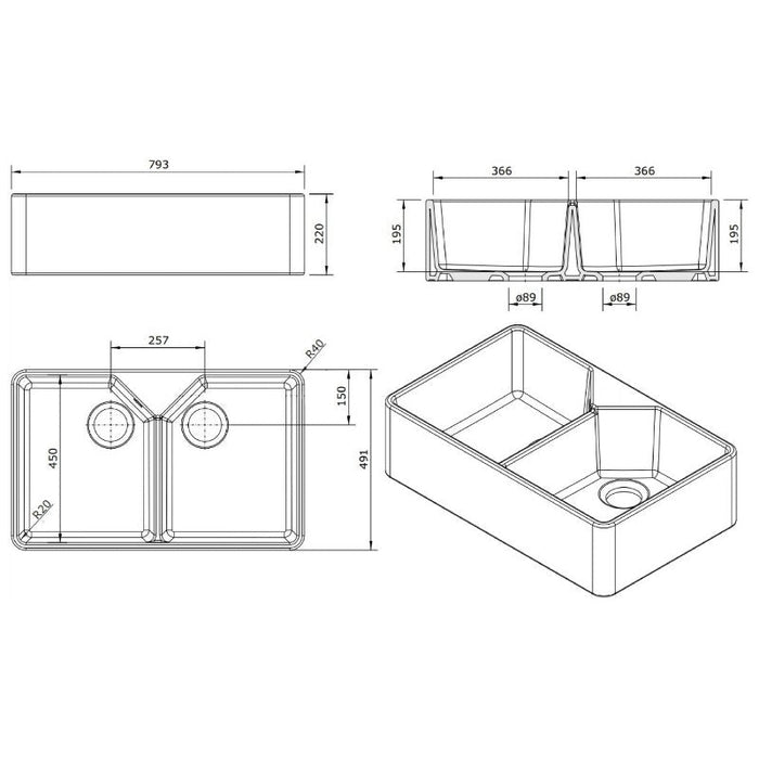 Turner Hastings Chester 800mm Double Flat Front Fireclay Butler Sink-7408-blue-leaf-bathware