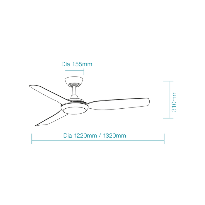 Martec Viper DC 48″ 3 Blade Smart Ceiling Fan With WIFI Remote Control + LED Light - Matt White - Technical Drawing