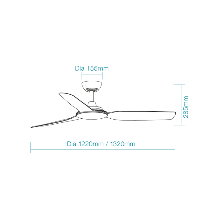 Martec Viper DC 52″ 3 Blade Smart Ceiling Fan With WIFI Remote Control - Matt Black - Technical Drawing