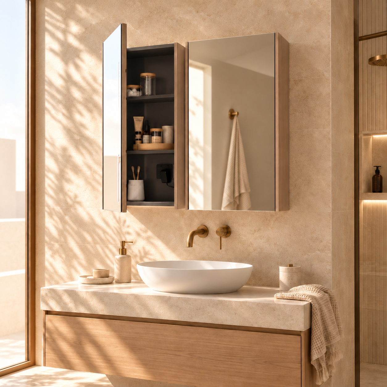 Luxury mirrored shaving cabinet with open storage in a warm modern bathroom