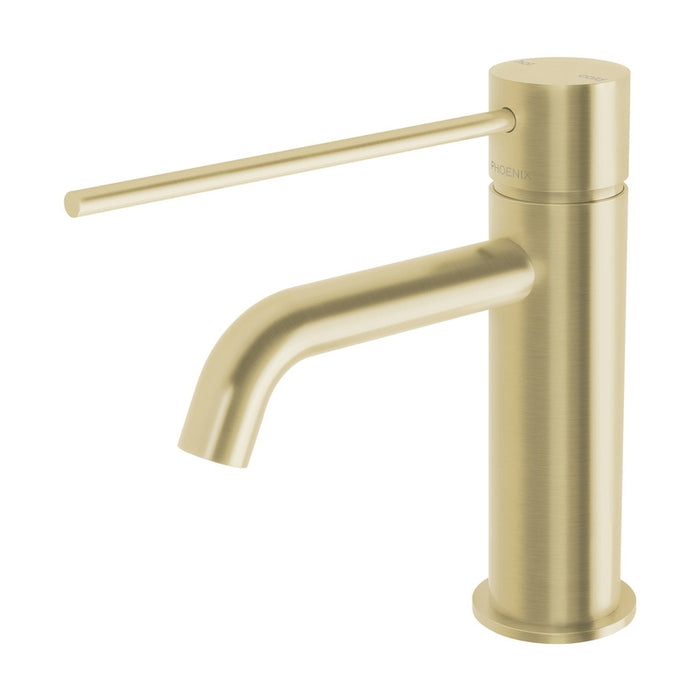 Phoenix Vivid Slimline Basin Mixer Curved Outlet with Extended Lever - Brushed Gold