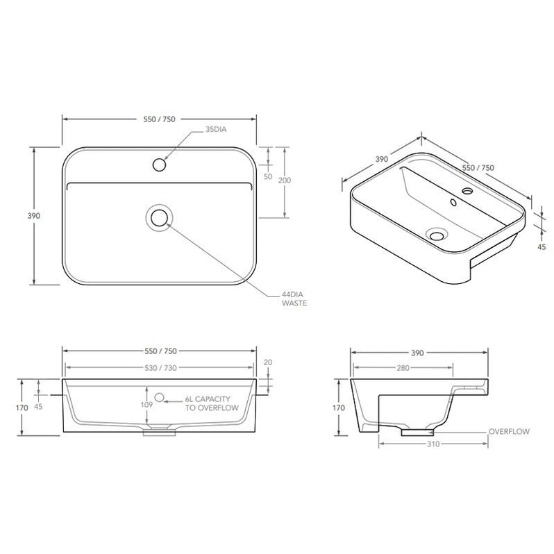 Adp Miya 750 Semi-recessed Solid Surface Basin 