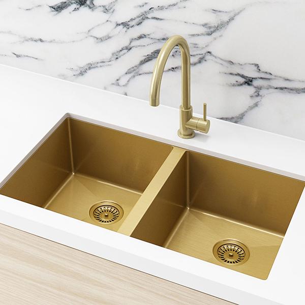 Meir Double Bowl Kitchen Sink 760mm - Brushed Bronze Gold