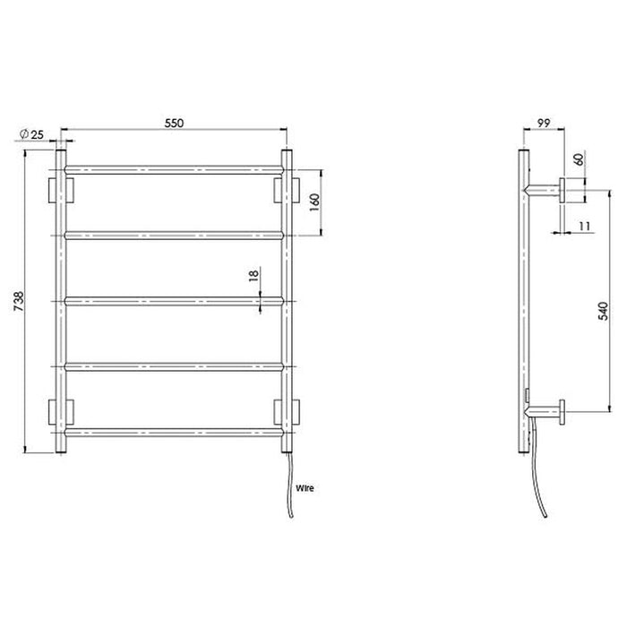 Phoenix Radii Heated Towel Ladder 550 x 740mm Square Plate - Matte Black